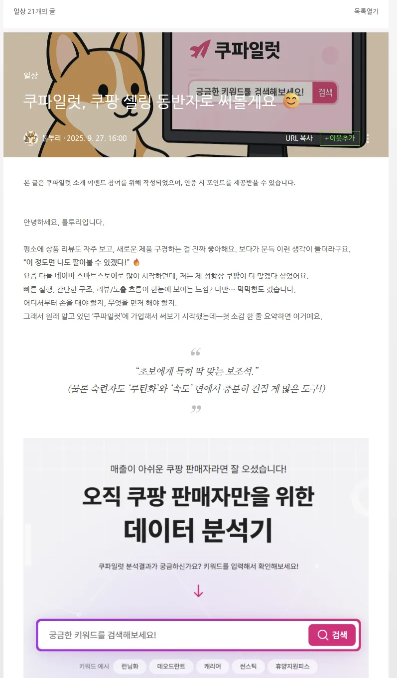 쿠파일럿 사용 후기 캡처